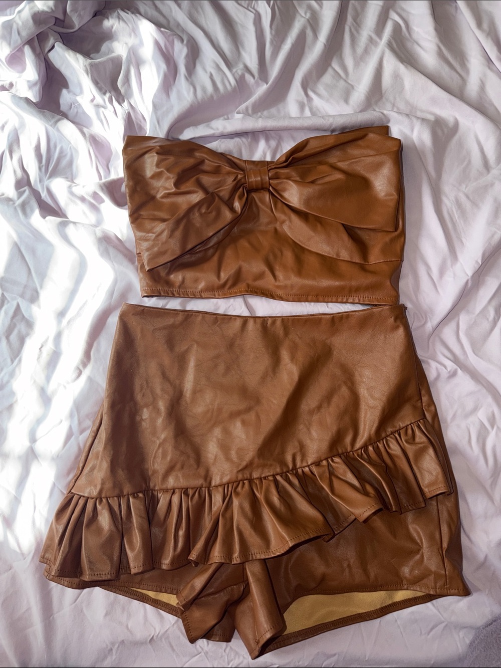Pants store set -medium -Faux Leather Brown Ruffle Mini Skirt - Women